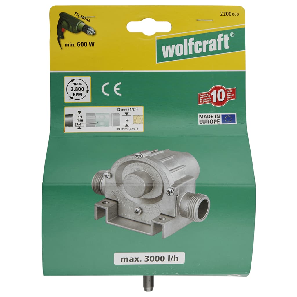 wolfcraft Bomba accionada por taladro 3000 l/h S=8 mm 2200000