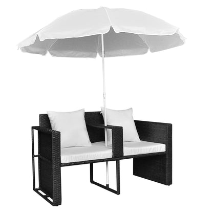 Lit de jardin avec parasol Noir Résine tressée