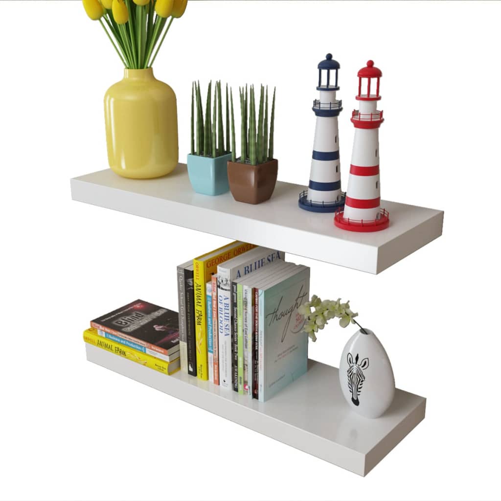 2 White MDF Wall Shelves Book/DVD Storage