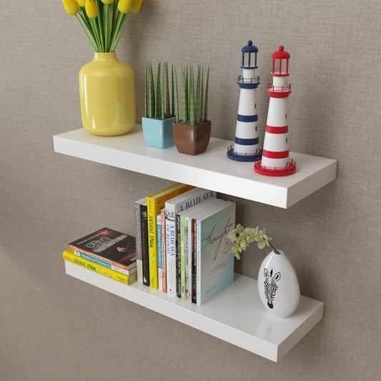 2 White MDF Wall Shelves Book/DVD Storage