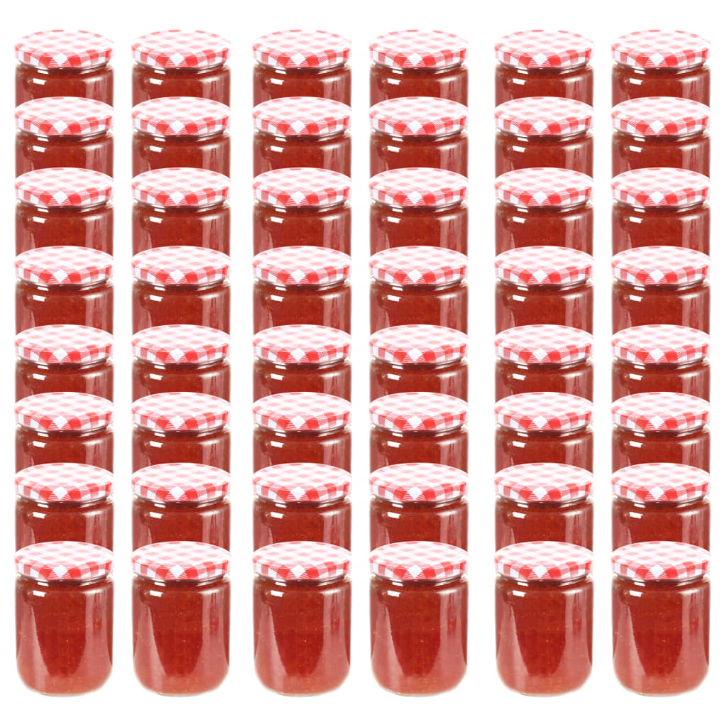 48 pcs Pots à confiture Couvercle blanc et rouge Verre 230 ml