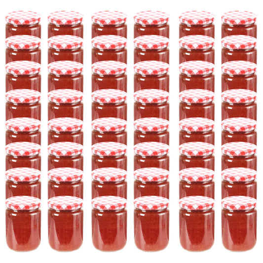 48 pcs Pots à confiture Couvercle blanc et rouge Verre 230 ml