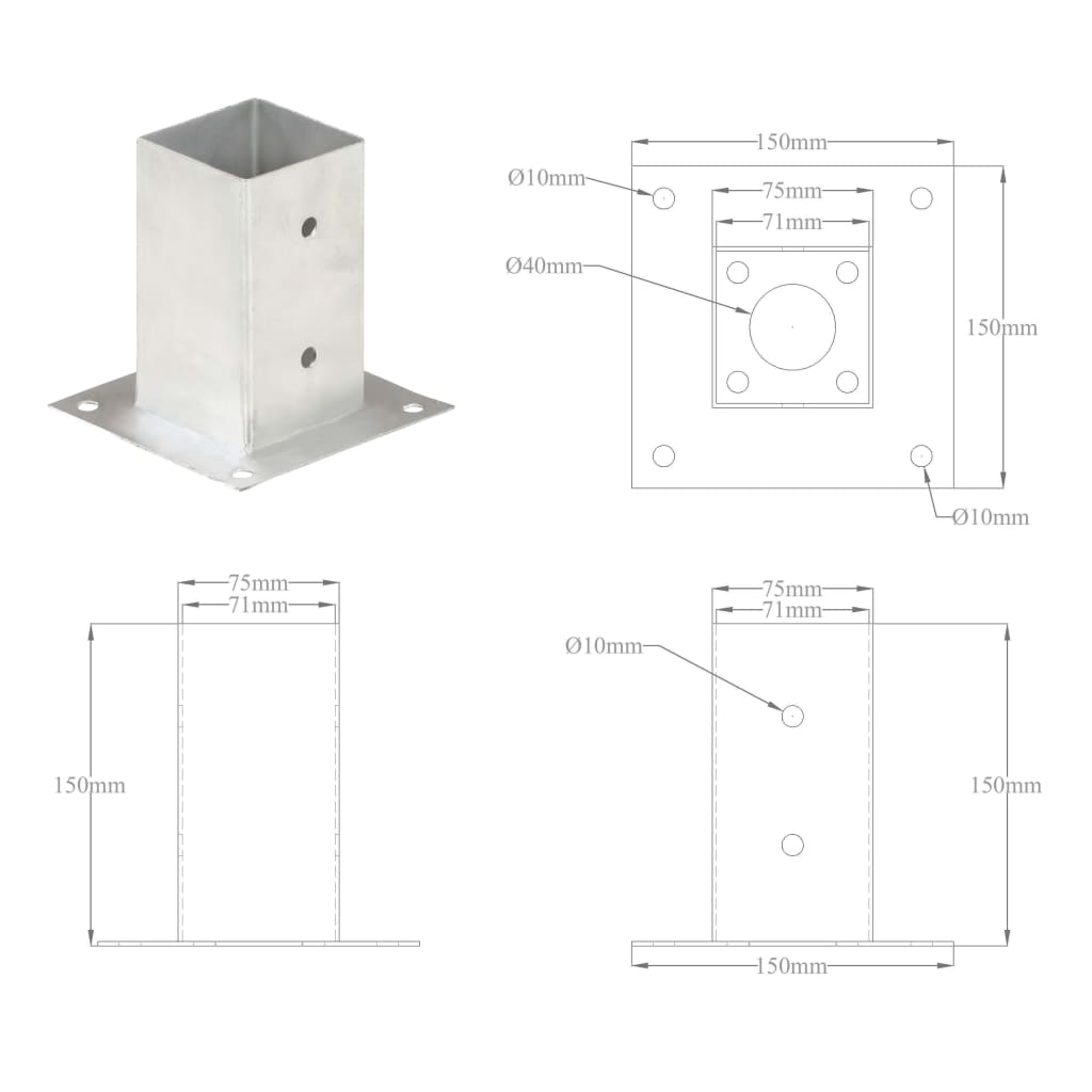 Anclajes para postes 4 piezas Metal galvanizado 71 mm