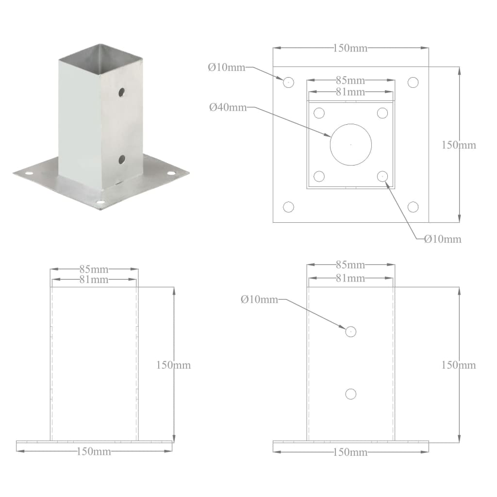 Ancres de poteau 4 pcs Métal galvanisé 81 mm