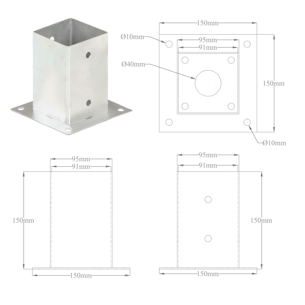 Anclajes para postes 4 piezas Metal galvanizado 91 mm