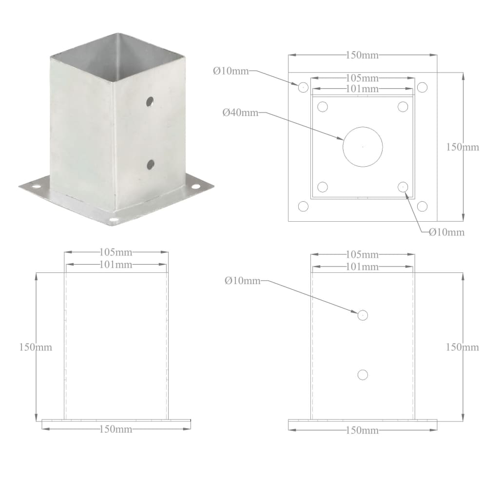 Ancres de poteau 4 pcs Métal galvanisé 101 mm