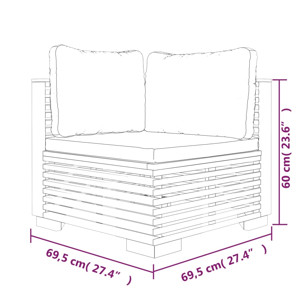 Canapé d'angle de jardin coussins Gris foncé Bois teck massif