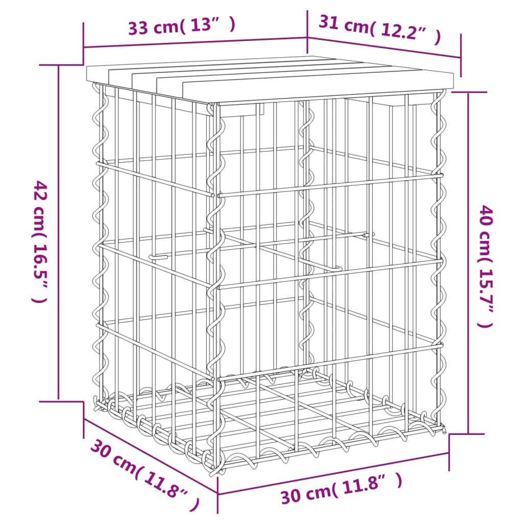 Banco de jardín de diseño gaviones 33x31x42 cm madera de pino impregnada