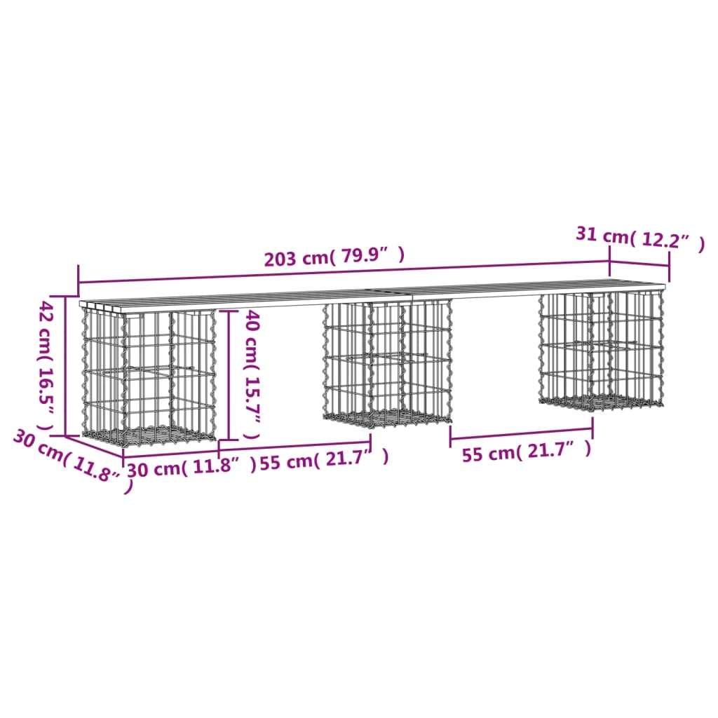 Banc de jardin design gabion 203x31x42cm bois massif de douglas