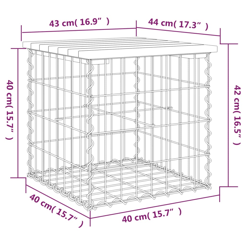 Banco de jardín de diseño gaviones 43x44x42 cm madera de pino impregnada