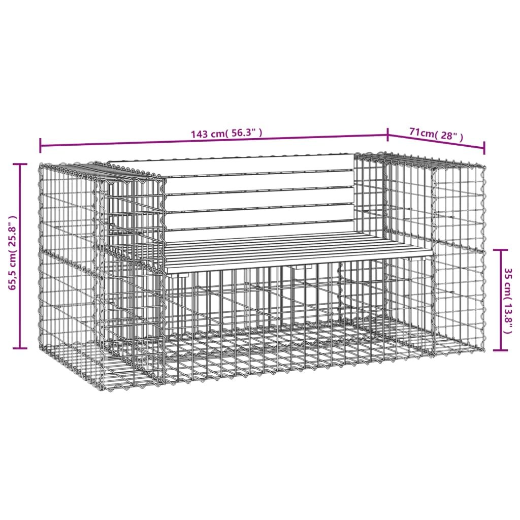 Banc de jardin design gabion 143x71x65,5cm bois de pin imprégné