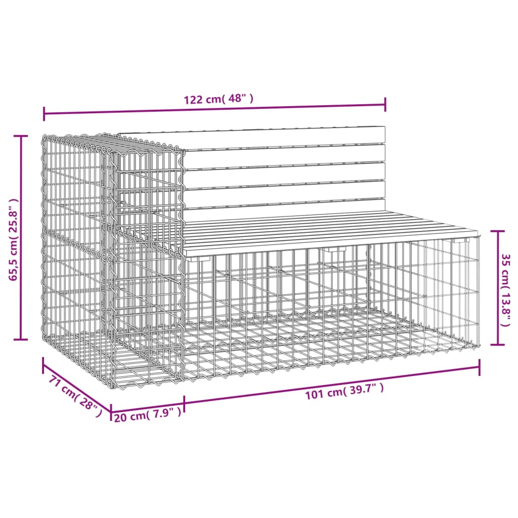 Banc de jardin design gabion 122x71x65,5cm bois de pin imprégné