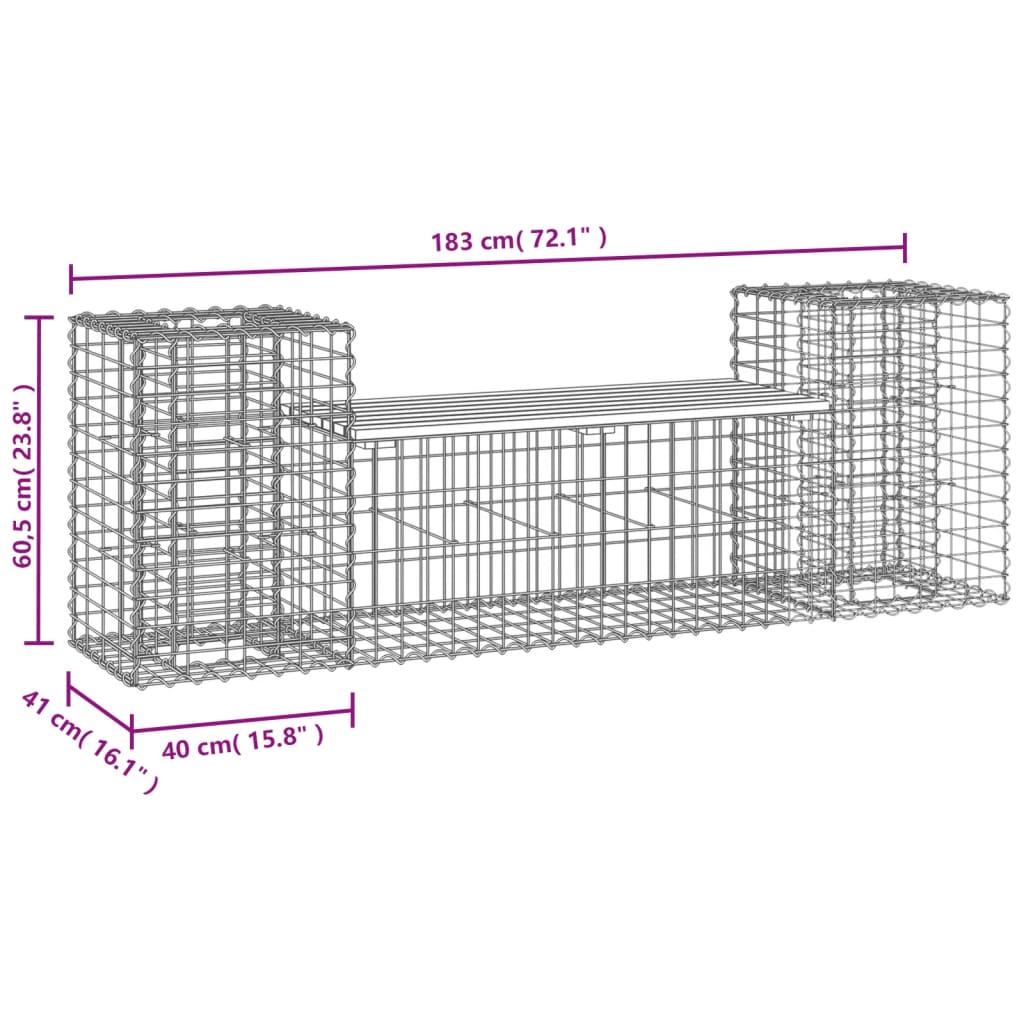 Banc de jardin design gabion 183x41x60,5cm bois de pin imprégné