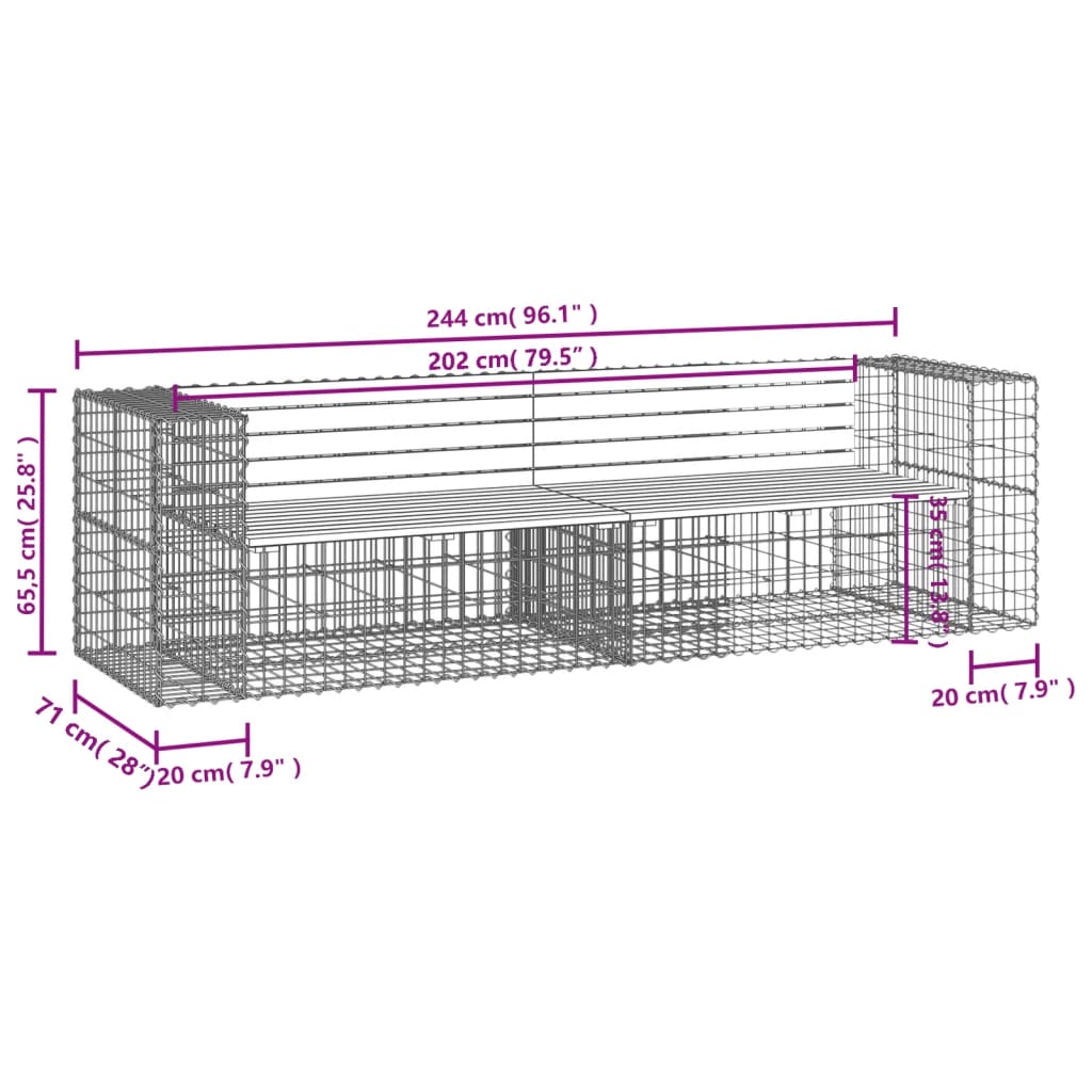 Banc de jardin design gabion 244x71x65,5 cm bois massif de pin