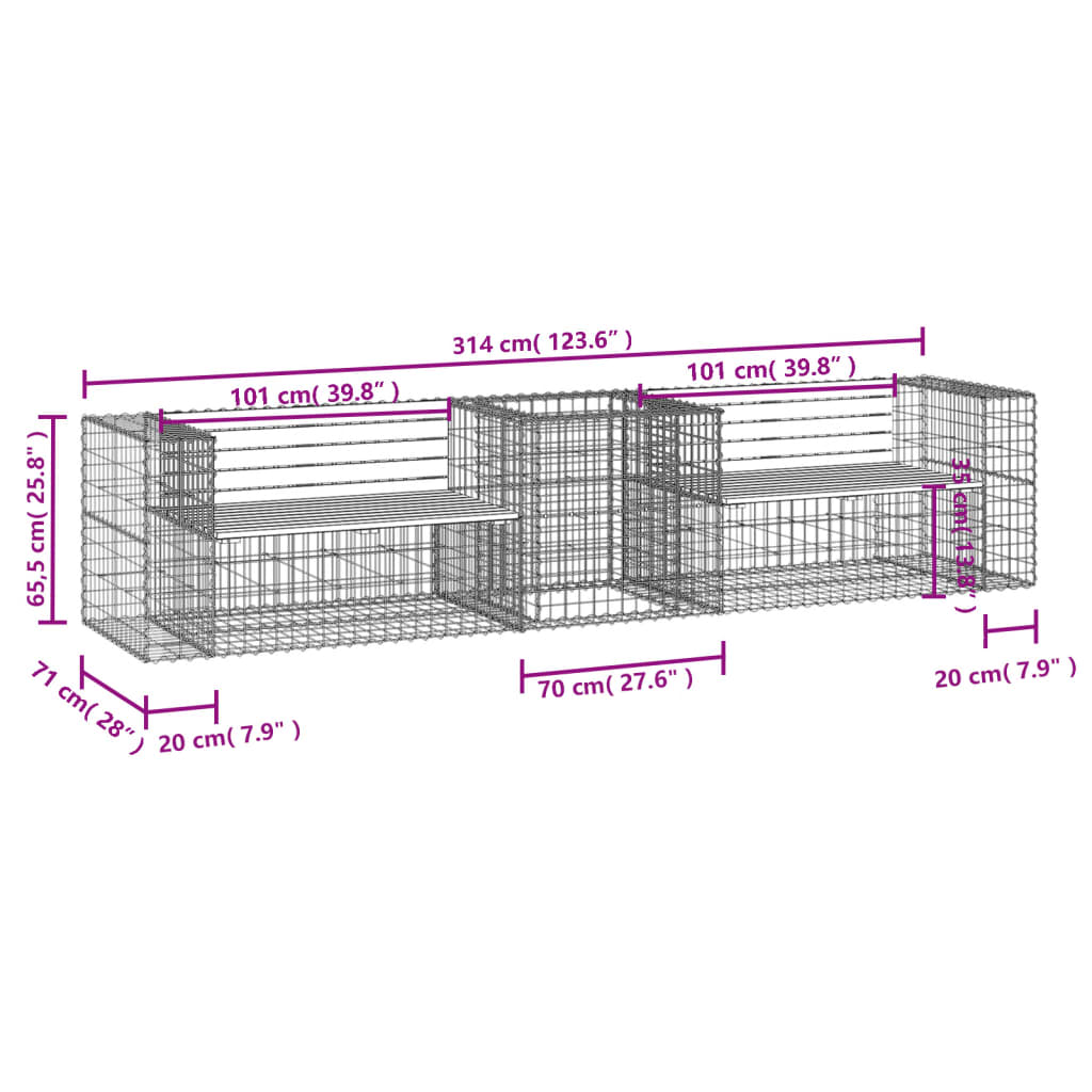 Banc de jardin avec panier en gabion bois massif de pin