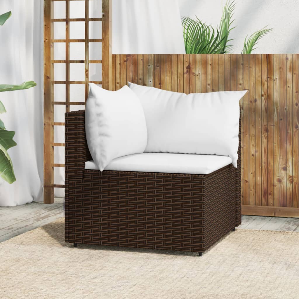 Garden corner sofa with brown cushions in woven resin