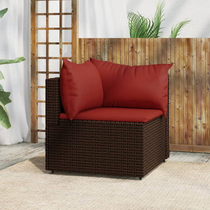 Garden corner sofa with brown cushions in woven resin