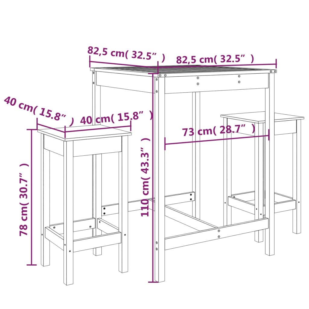 Ensemble de bar de jardin 3 pcs noir bois de pin massif