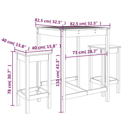 Ensemble de bar de jardin 3 pcs noir bois de pin massif