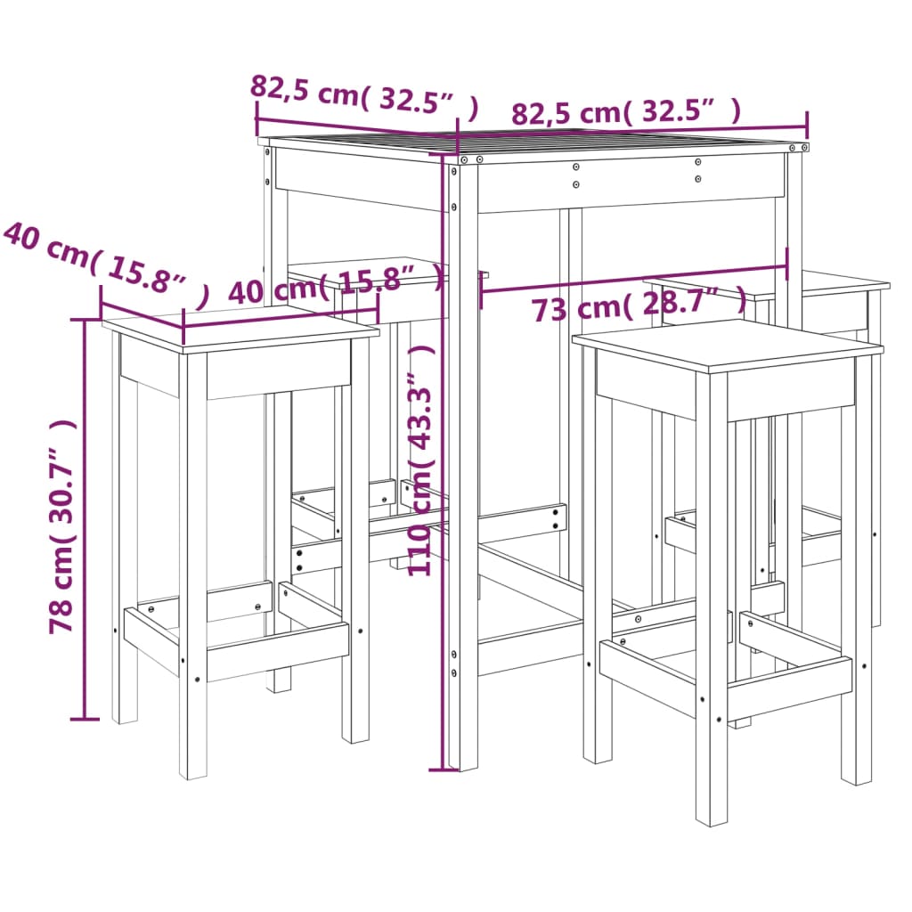 Ensemble de bar de jardin 5 pcs bois de pin massif