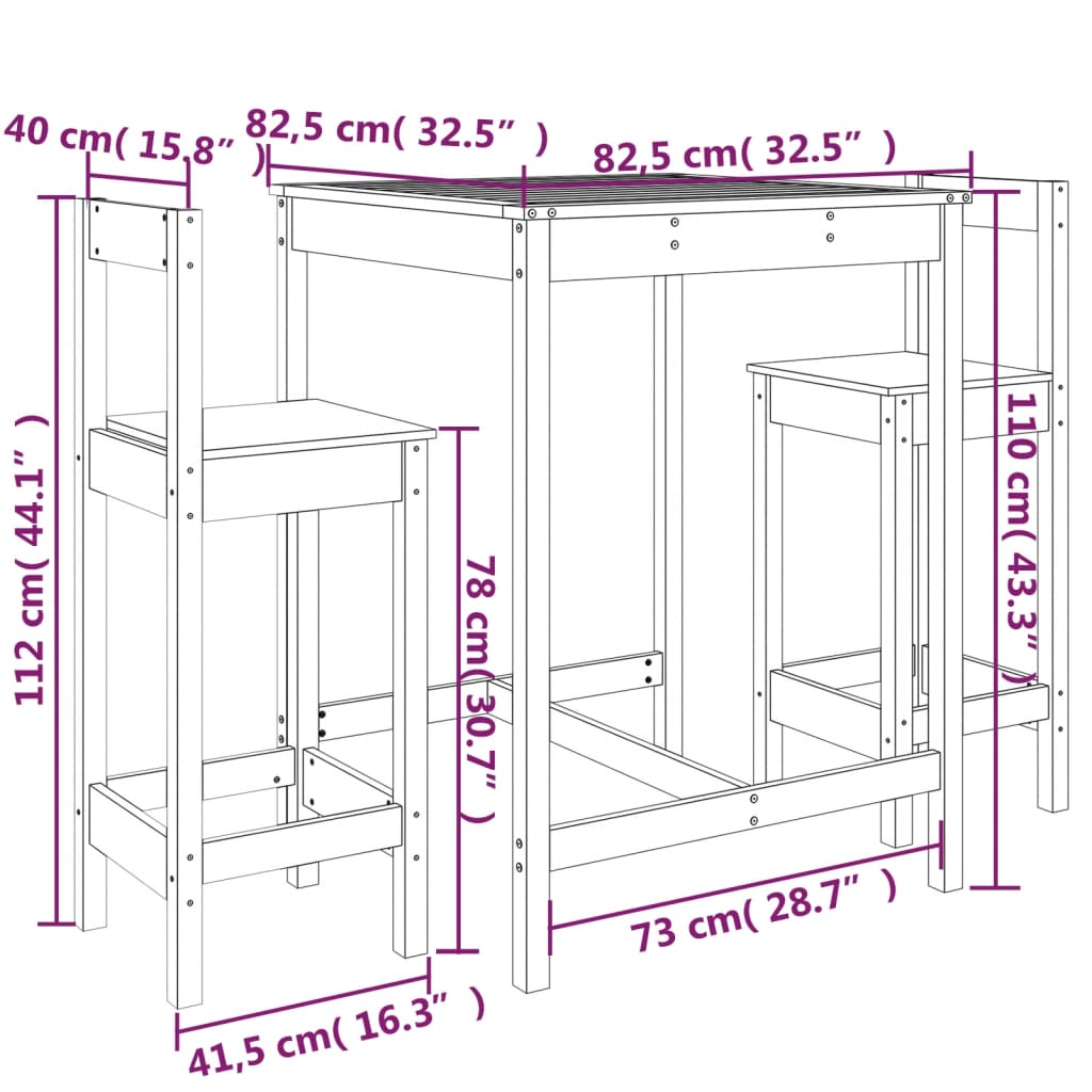 Ensemble de bar de jardin 3 pcs bois de pin massif