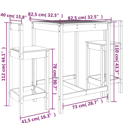 Ensemble de bar de jardin 3 pcs noir bois de pin massif