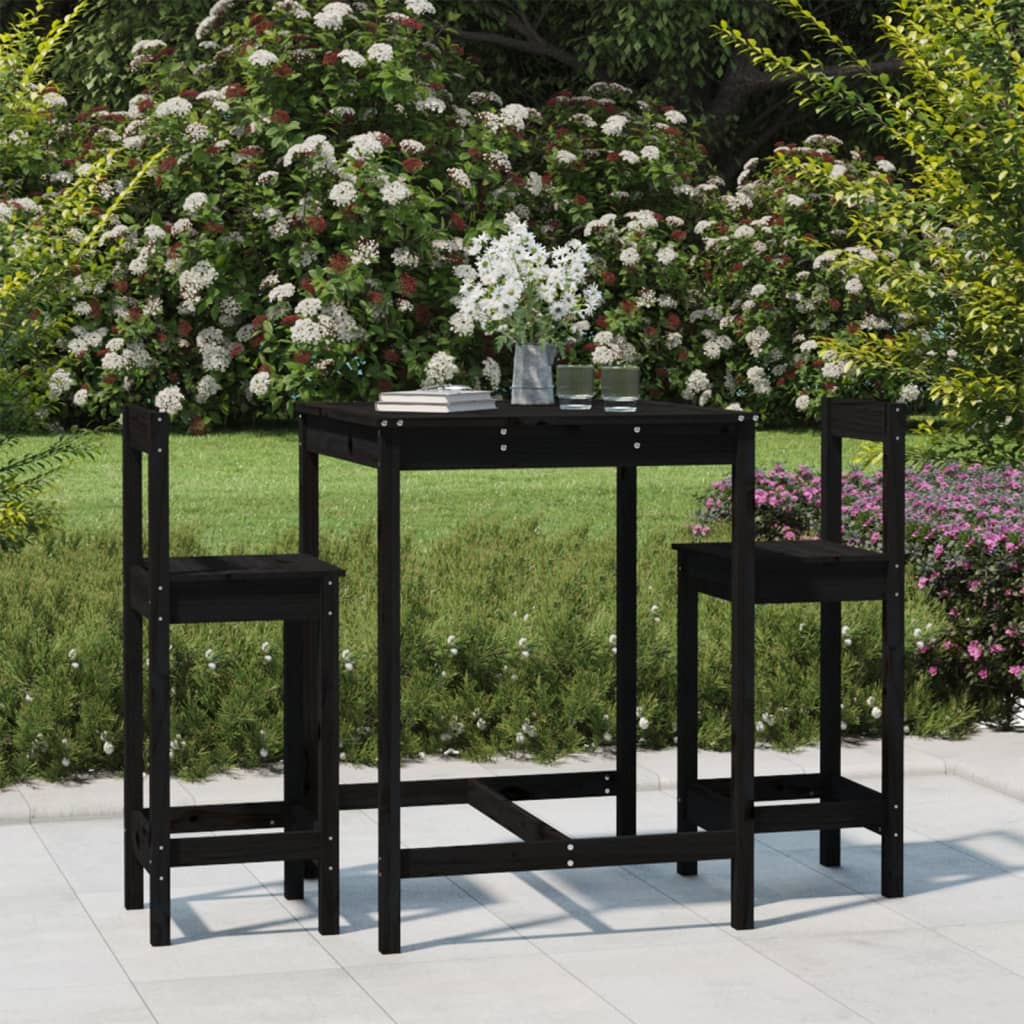 Ensemble de bar de jardin 3 pcs noir bois de pin massif