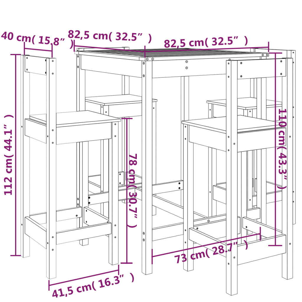 Ensemble de bar de jardin 5 pcs noir bois de pin massif