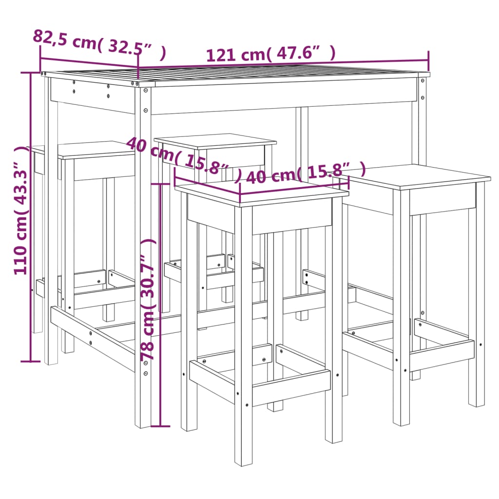 Ensemble de bar de jardin 5 pcs bois de pin massif