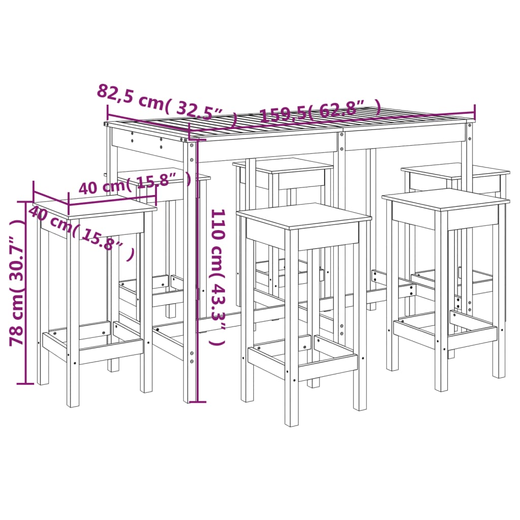 Ensemble de bar de jardin 7 pcs Bois de pin massif