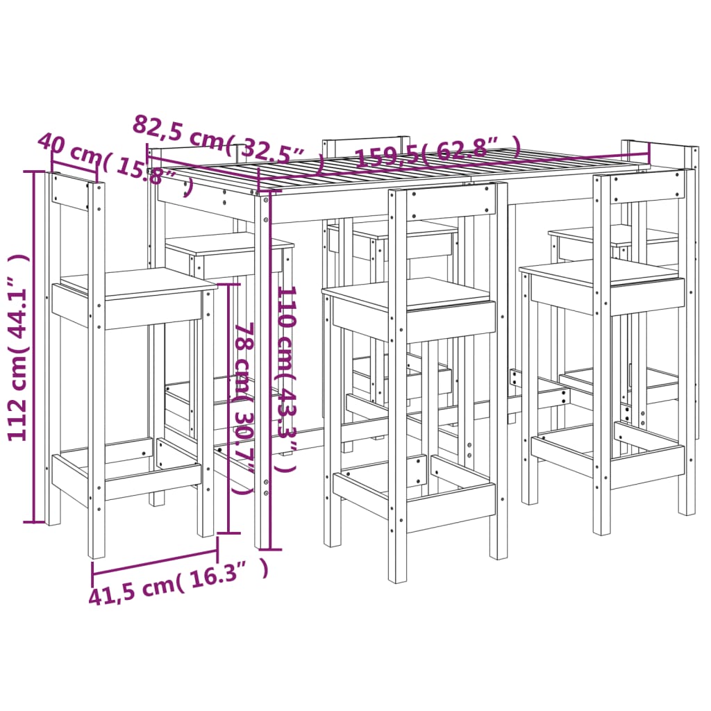 Ensemble de bar de jardin 7 pcs Bois de pin massif