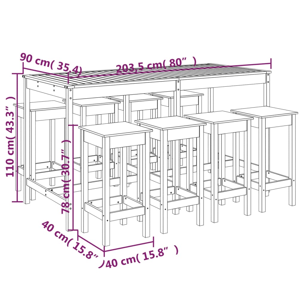 Ensemble de bar de jardin 9 pcs Bois de pin massif