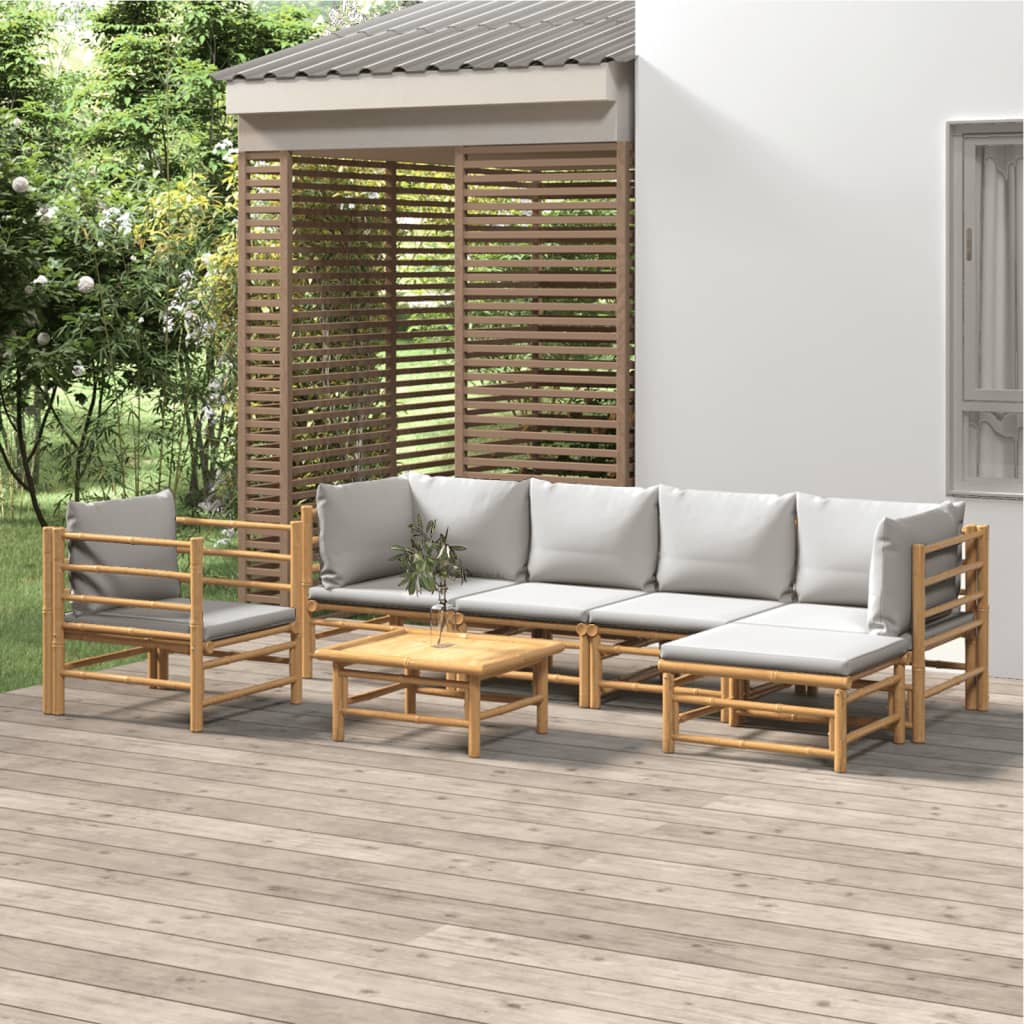 Salon de jardin 7 pcs avec coussins gris clair bambou