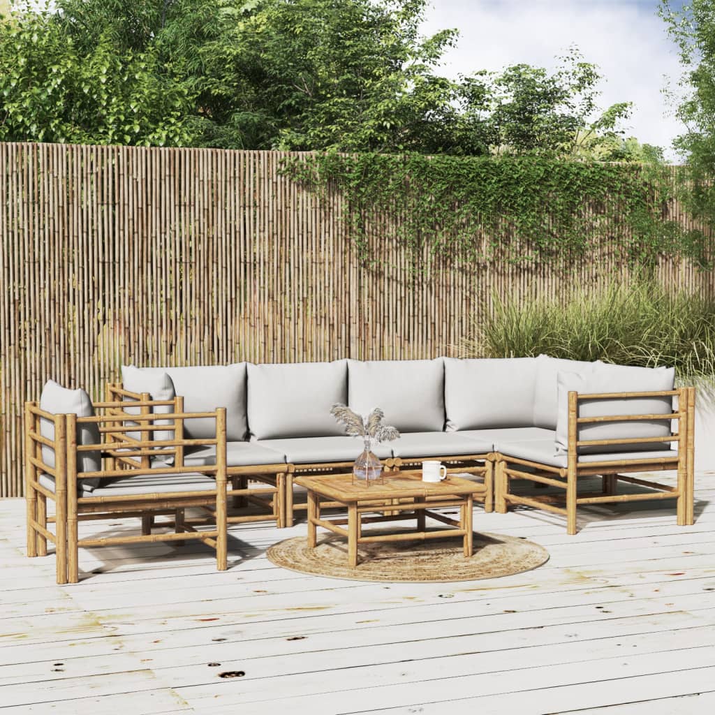 Salon de jardin 7 pcs avec coussins gris clair bambou