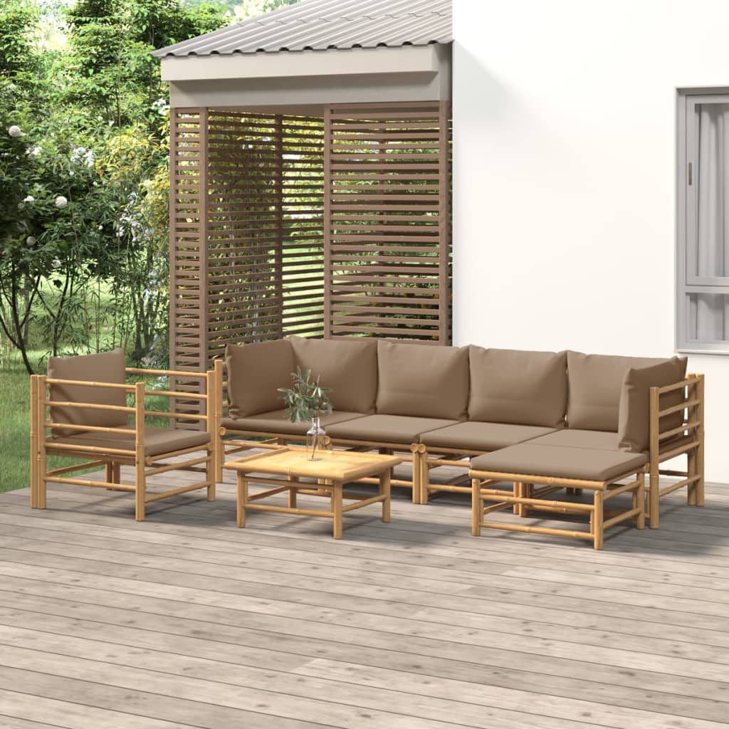 Salon de jardin 7 pcs avec coussins taupe bambou