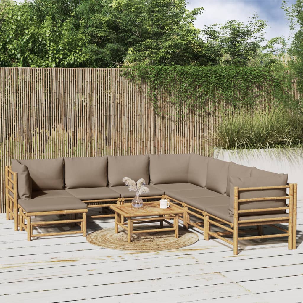 Salon de jardin 9 pcs avec coussins taupe bambou