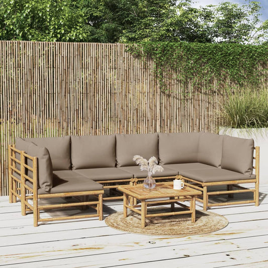 Salon de jardin 7 pcs avec coussins taupe bambou