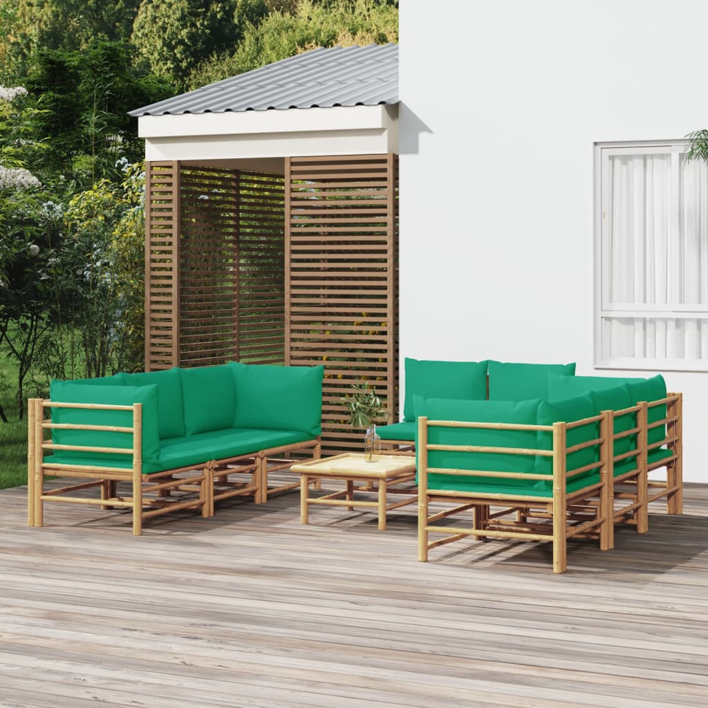 Salon de jardin 9 pcs avec coussins vert bambou