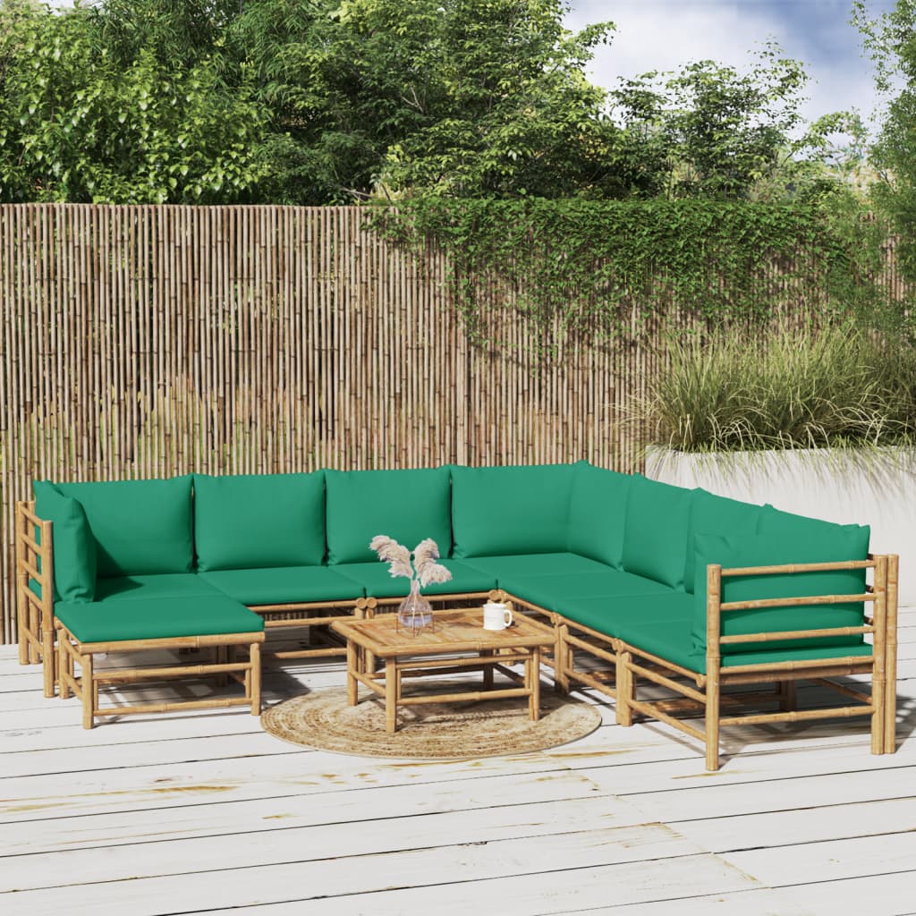 Salon de jardin 9 pcs avec coussins vert bambou