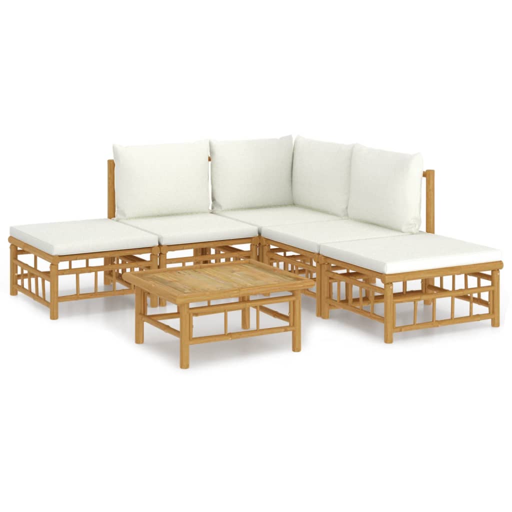 Salon de jardin 6 pcs avec coussins blanc crème bambou