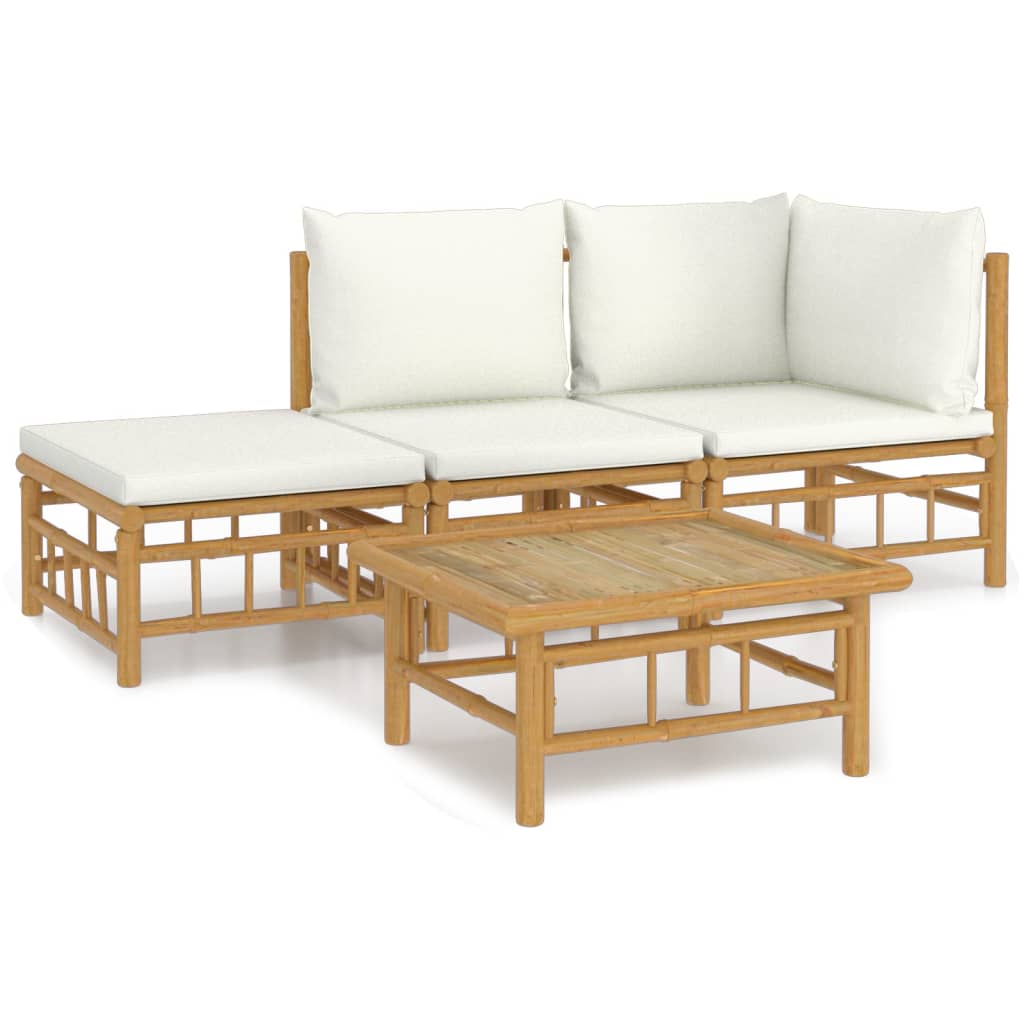 Salon de jardin 4 pcs avec coussins blanc crème bambou