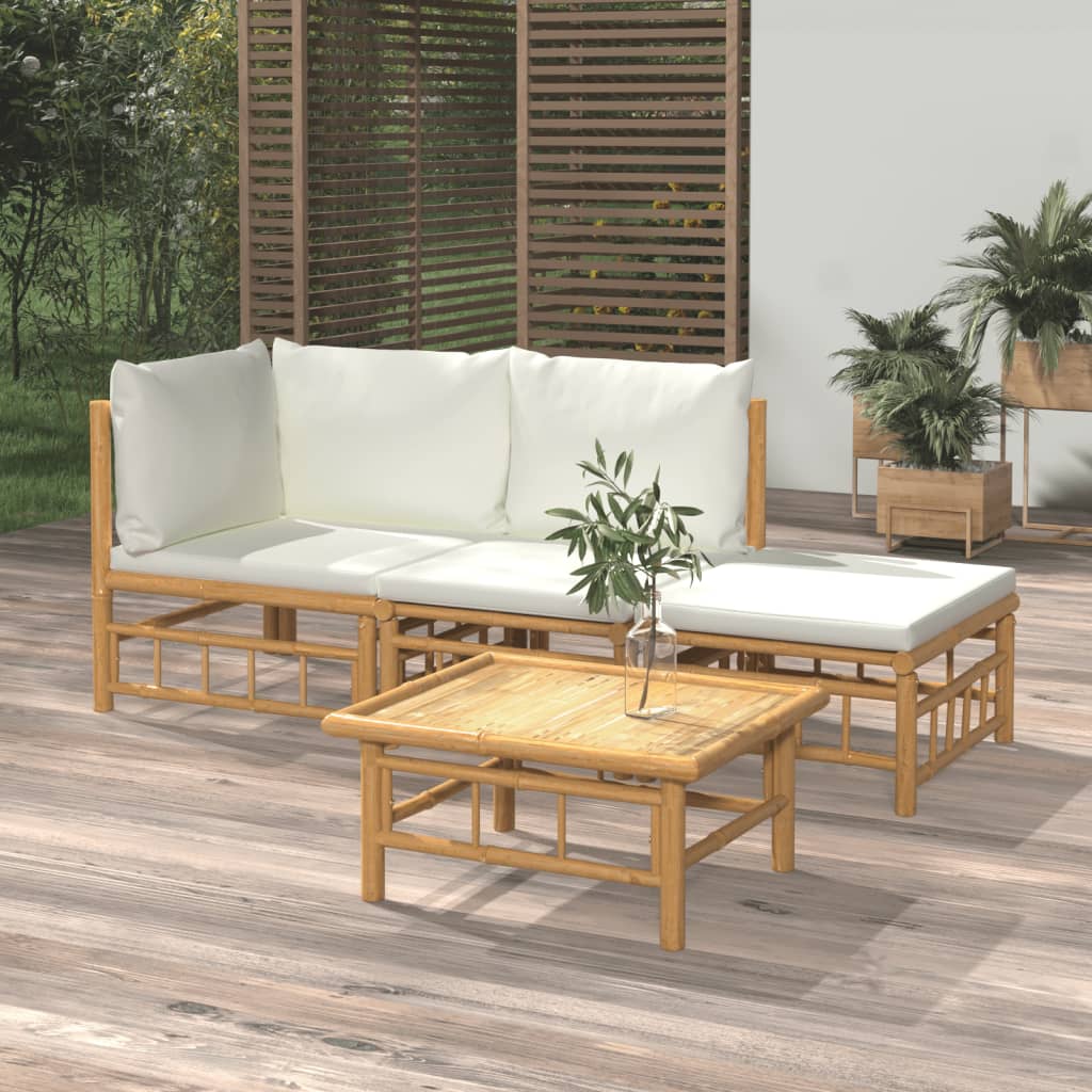 Salon de jardin 4 pcs avec coussins blanc crème bambou