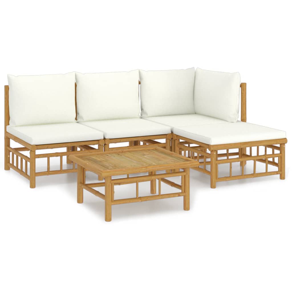 Salon de jardin 5 pcs avec coussins blanc crème bambou