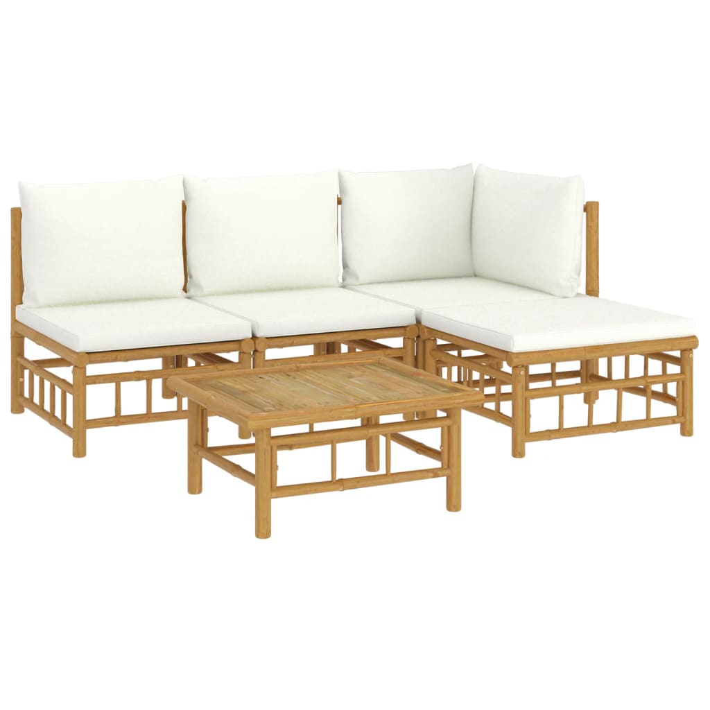 Salon de jardin 5 pcs avec coussins blanc crème bambou