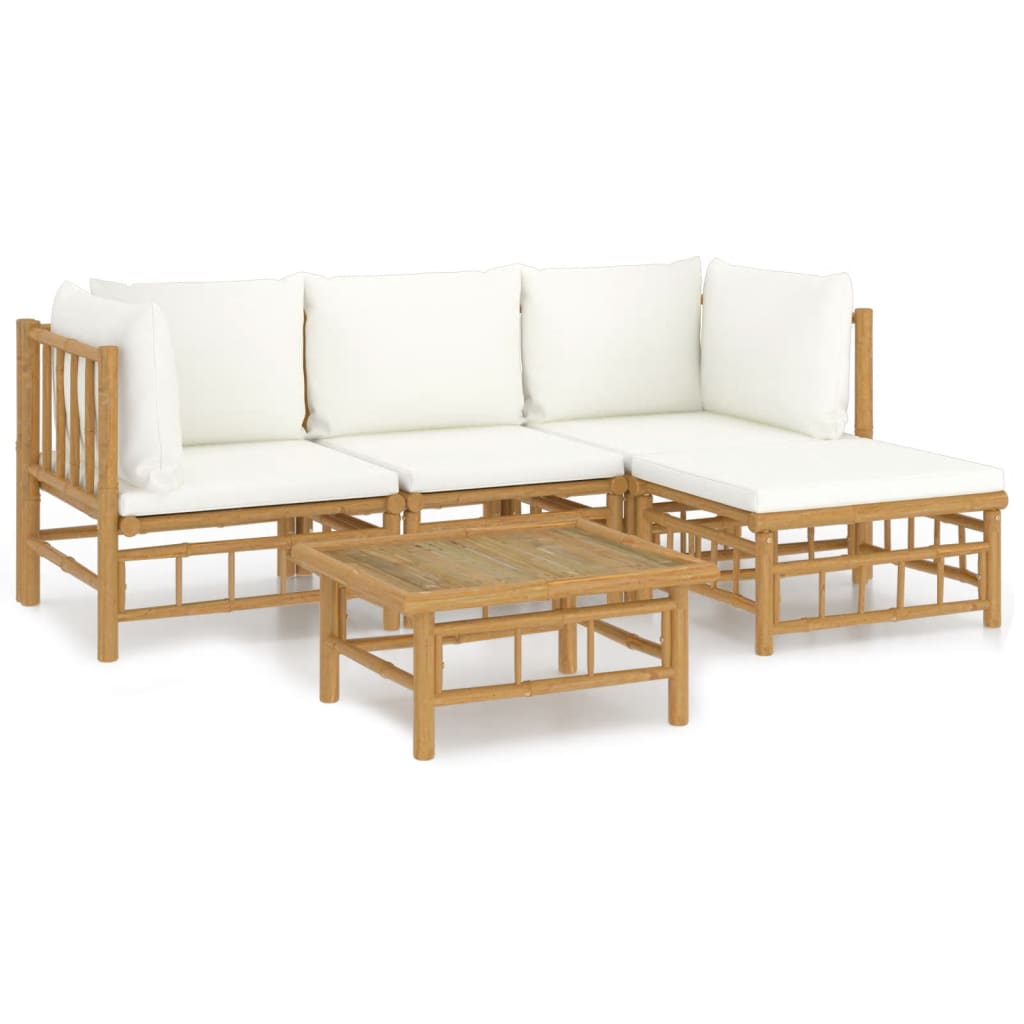 Salon de jardin 5 pcs avec coussins blanc crème bambou