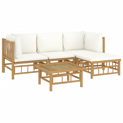 Salon de jardin 5 pcs avec coussins blanc crème bambou