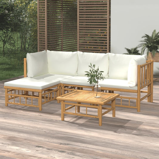 Salon de jardin 5 pcs avec coussins blanc crème bambou