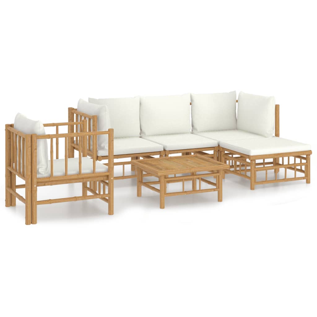 Salon de jardin 6 pcs avec coussins blanc crème bambou