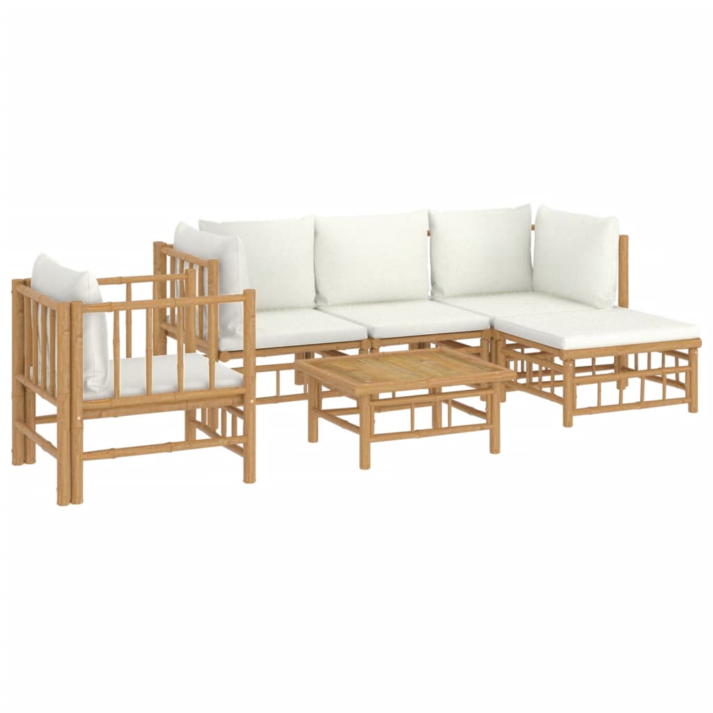 Salon de jardin 6 pcs avec coussins blanc crème bambou