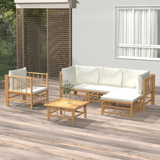 Salon de jardin 6 pcs avec coussins blanc crème bambou